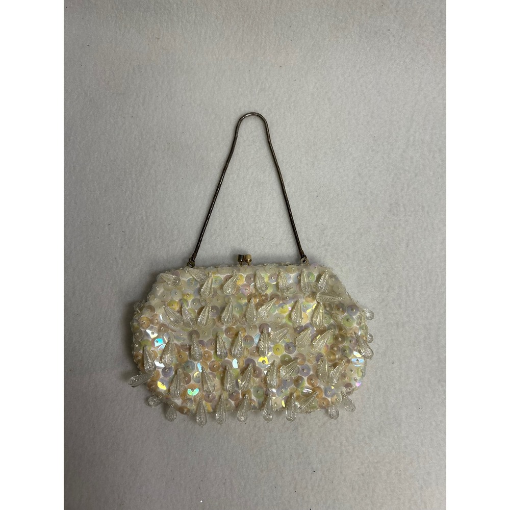 Vintage Mid Century Kitschy Womens OS White Beaded Sequin Evening Clutch Bag